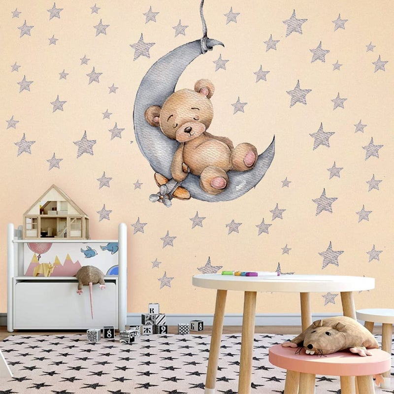 DEKOSH Teddy Bear Sleeping on The Moon Nursery Wall Decal with 90 Stars - Cute & Adorable Baby Nursery Decor - Image 3